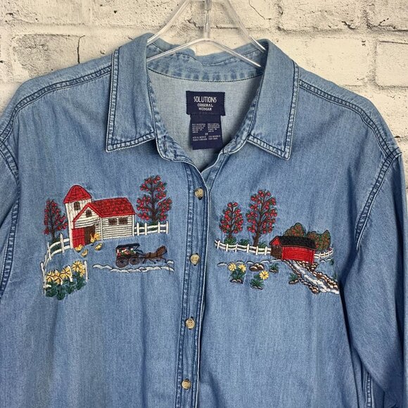 Vintage 90s Embroidered Denim Button Down Cottagecore Shirt - Picture 2 of 16
